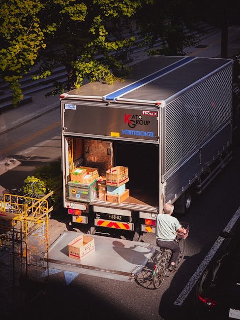 A delivery truck unloading boxes in a city street, with a bicyclist passing by on a sunny day.